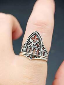 GuoShuang 1pc Vintage Castle Hollow Cross Open Ring - Antique Silver - View 5