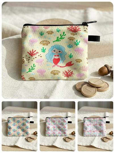 1 pieza Monedero, Portacartas, Bolsa de Maquillaje, Estuche para Auriculares con Estampado de Sirena, Bolsa Multifuncional con Broche, Bolsa Pequeña Conveniente para Guardar Monedas, Tarjetas, Accesorios, Llaves, Regalo Ideal para Niñas y Niños