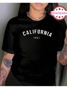 1 pcsCamia mujer cuello redondo manga corta estampado sencillo " CALIFORNIA 1991 " blusas playeras gráficas mujer print180g 100% Cotton,The patterns are all printed. Unisexo. - Negro - Ver 2