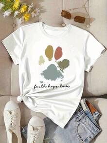 Camiseta para mujer con bonita estampado de huella de pata - Top de verano de manga corta y cuello redondo con perro y pata, tela de elasticidad media adecuada para ropa casual, blusa con temática de mascotas lavable aáquina - Blanco - Ver 6