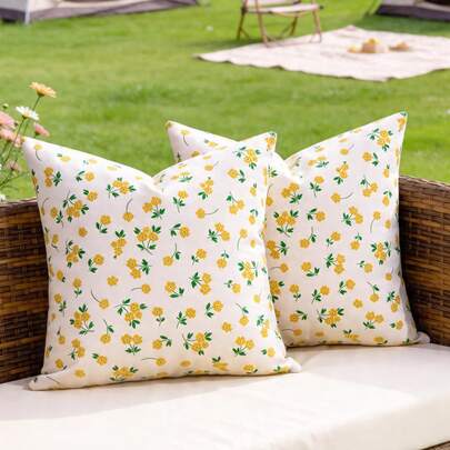 2 fundas de cojín para sofá, fundas de cojín para exteriores, juego de 2 piezas para dormitorio y sala de estar con flores amarillas y hojas verdes, adecuado para primavera y verano, una sola cara sin relleno de cojín