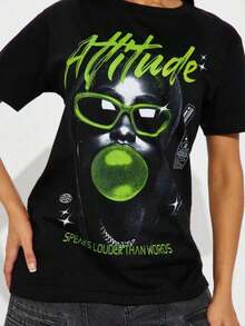 Camiseta Casual Estilo Urbano Americano, Camiseta Negra de Manga Corta, Estampada con la Imagen de una Chicle Verde que se Infla y el Lema "Las acciones hablan más fuerte que las palabras", Camiseta para Mujer, Adecuada para Mujeres que Gustan de los Estilos Y2K y Hip-Hop Urbano. 100% Algodón   Resistente - Negro - Ver 7