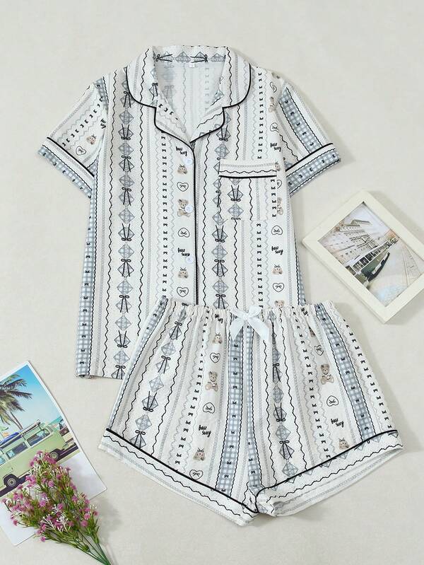 Bow & Bear Print Women Bubble Crinkle Short Sleeve Shorts Pajama Set