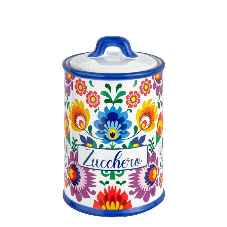 Baroni Home Barattolo Zucchero Decorato in Ceramica con Coperchio Ermetico, Accessorio da Cucina Colorato Resistente, Linea Flora, 11x11x17 cm - Barattolo basso - Visualizzare 1