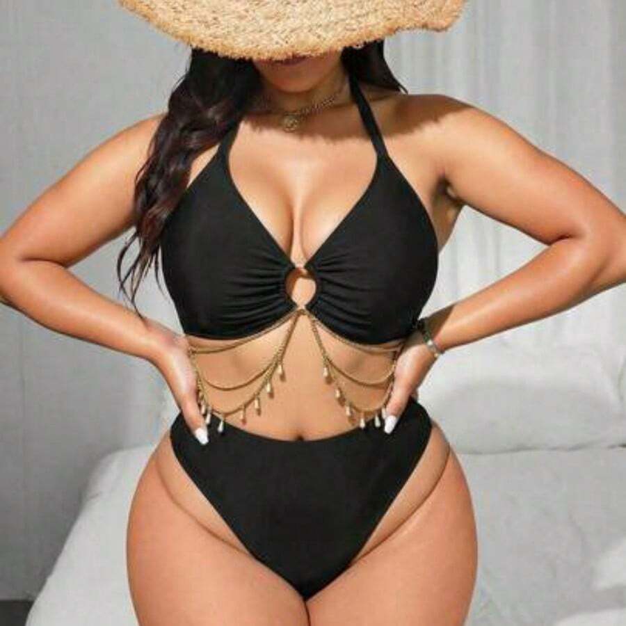 Swim  Plus Size Women Holiday Beach O-Ring Chain Bikini Set For Summer Beach Vacation - Negro - Ver 1