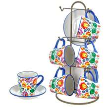 Ensemble de tasses en céramique décorées Baroni Home avec soucoupes et support, accessoire de cuisine coloré et résistant, collection Flora Line, 15 x 13 x 29 cm - Set tazzine - Voir 1