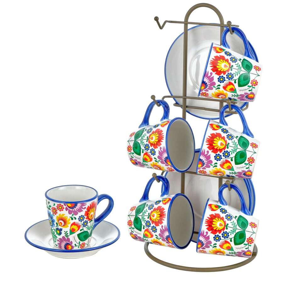 Ensemble de tasses en céramique décorées Baroni Home avec soucoupes et support, accessoire de cuisine coloré et résistant, collection Flora Line, 15 x 13 x 29 cm - Set tazzine - Voir 1