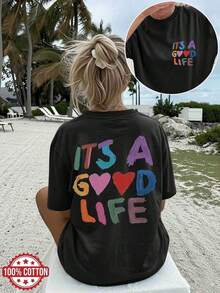 [Double-Sided Print] Women's Casual Summer Loose Fit T-Shirt, Hand-Painted Style, Heart Print And The Phrase "IT'S A GOOD", Round Neck, Short Sleeve, Drop Shoulder, Pure Cotton Oversized T-Shirt [Best Seller 1] 100% Cotton, Summer T-Shirts - 黑色 - 查看 7