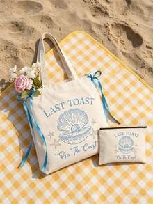 Last Toast Women's Handbag, On The Coast Reusable Beach Bag - Ocean Theme - Shell And Starfish Pattern, Casual Shoulder Tote Bag With Ribbon Bow, Suitable For Shopping, Travel, Carrying Books - Cute Summer Gift For Teachers, Doctors, Moms, Bridesmaids, Students, Bachelorette Party/Hen Party, Bridal Shower, Wedding Season, Graduation Season, Teacher's Day, Back To School Season - Multicolor - View 8