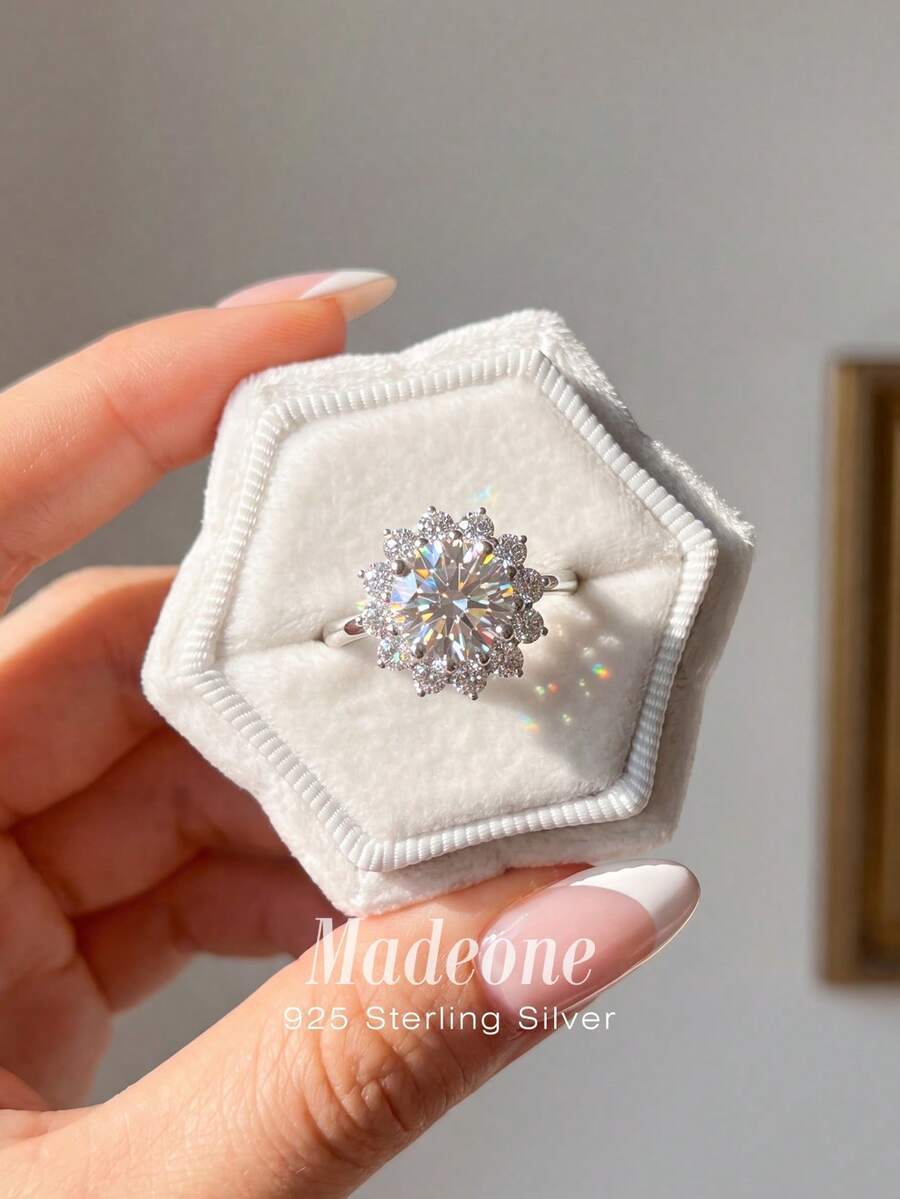 MADEONE 1件經典圓形花朵戒指,鑲嵌鋯石,適合作為訂婚禮物或節日禮物,珠寶禮品 - 花形鑽石戒指 - 查看 1