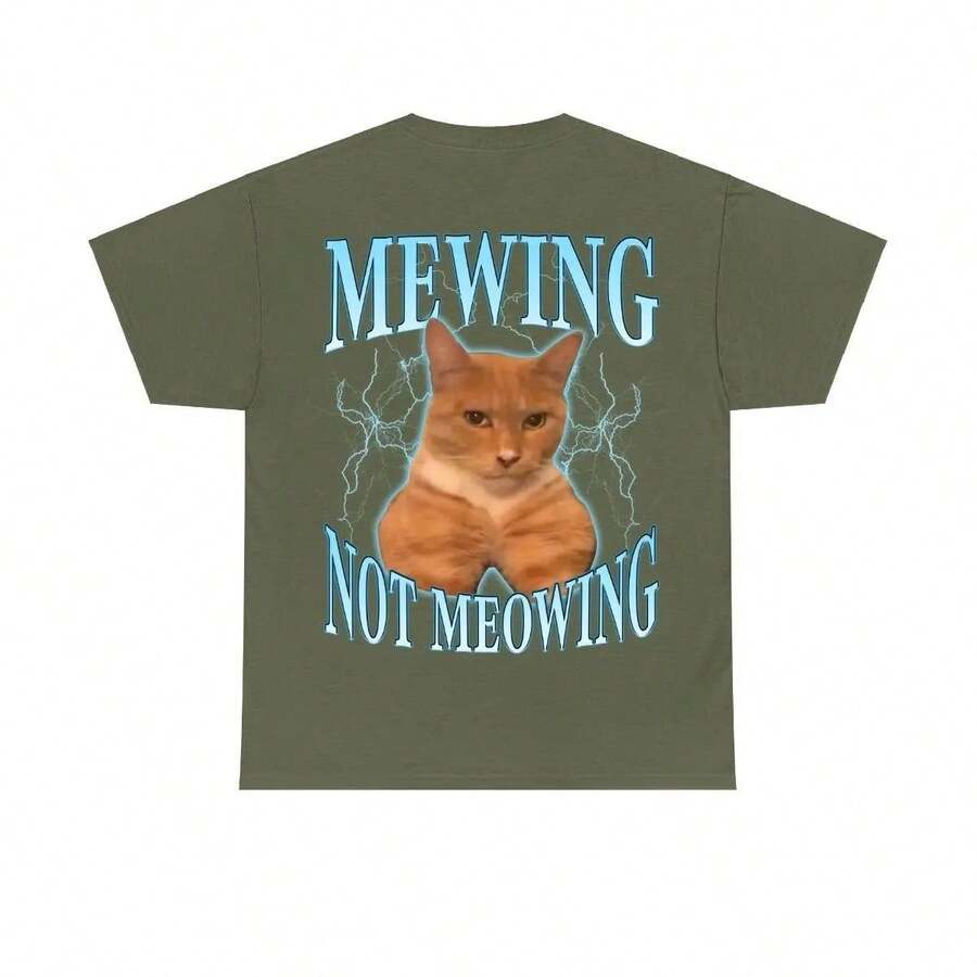 2026 Summer New Funny Cat Meme T-Shirt - Mewing LooksMax Meowing Cat Graphic Tee, Unisex Cotton Outfit For Men & Women, Daily Retro Street T-Shirt - 軍綠色 - 查看 1