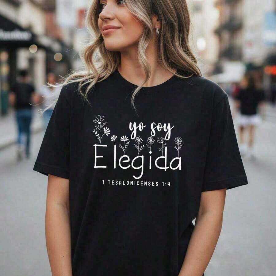 Mother's Day Set: Women's Cotton T-Shirt With "I Am Chosen" Print, 1 Temisalones 1:4, Casual Short Sleeve T-Shirt With Religious Graphics, Sizes S-5XL, Floral Christian Phrase Top, Soft And Breathable Basic T-Shirt For Everyday Wear, Women's Tops - 黑色 - 查看 1
