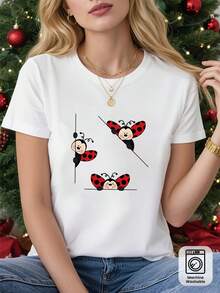Talla Grande - Camiseta de talla grande con estampado de una mariquita de dibujos animados, camiseta gráfica blanca de manga corta y cuello redondo - Lavable a máquina, adecuada para primavera, verano y otoño, estilo casual, ajuste cómodo, diseño moderno, versátil para uso diario. - Blanco - Ver 8