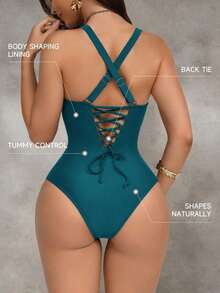Traje de baño de una pieza con control de abdomen y push-up, con parches de color marrón, cordón de ajuste elegante y sexy, para fiestas y piscina - Agua verde azul - Ver 2