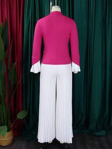 Nuevo 2026 Conjunto Dos Piezas Mujer Primavera Top Manga Campana Y Pantalón Pierna Ancha Plisado - Rosa Fucsia - Ver 2