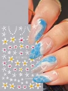 2pcs 3D Summer Ocean Style Starfish & Flower Nail Art Stickers, Minimalist Tropical Floral Slider Nail Decals For Beach Party, Women - Multicolor - View 5