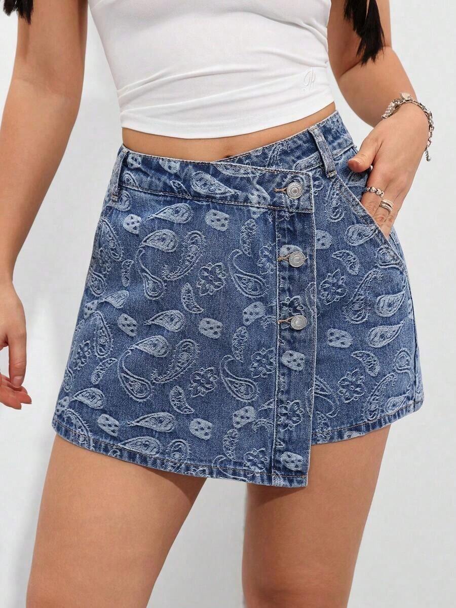 Envoltorio de falda pantalón denim con dobladillo asimétrico de unicolor - Azul 2 - Ver 1