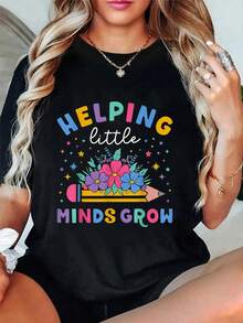 Helping Little Minds Grow Flower Elementary School Teacher T-Shirt - Negro - Ver 1