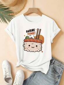Nuevo Estilo Verano 2025, Camiseta con Estampado 'Sushi Time', Primavera Verano, Hermosa, Elegante, Moda Casual, Ropa K-Pop, Camisetas Gráficas para Mujer 2026 |   Diseño exquisito |   Suelto y cómodo |   Fácil de combinar | - Blanco - Ver 1