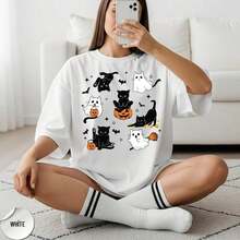 Bonita Camiseta De Halloween Con Estampado De Gatito Fantasma Blanco Y Negro, Estética Otoñal, De Gran Tamaño Y Espeluznante. Camiseta 100% Algodón de 220g - M-En - S-HApe y Comodidad Duradera - Adecuada para Todas las Personas, Ya sean Mujeres o Hombres - Tela Duradera de Alta Calidad Adecuada para Todas las Temporadas, Suave al Tacto pero Diseñada para Durar - Camisetas Transpirables para Mujeres - Ropa de Otoño para Mujeres - Ropa de Vacaciones para Mujeres - Disfraz de Halloween para Mujeres |   Diseño exquisito |   Suelto y cómodo |   Fácil de combinar | - Blanco - Ver 7