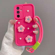 (Place An Order, Follow The Store And Favorite The Product To Get A Free Lanyard) Ladder Rose Red/Soft Flower/Pearl/Woven Rope/Free Gift Rope/Phone Case/Compatible With Iphone 17, Transparent Shockproof Protective Cover Ladder Rose Red/Soft Flower/Pearl/Woven Rope/Free Gift Rope/Fit For Galaxy - Hot Pink - View 2