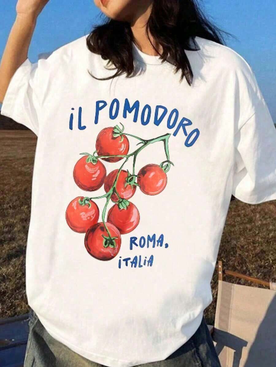 Suave Camiseta con Estampado Gráfico de Tomate, Manga Corta Cuello Redondo, Top Casual, Verano y Primavera, Camiseta para Mujeres, blusas para mujer>camisa - Blanco - Ver 1