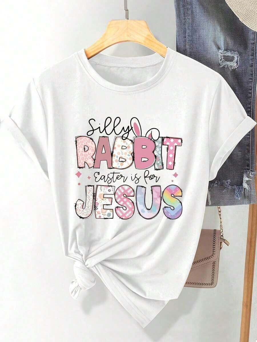 Women's Plus Size Crew Neck Casual T-Shirt, Modern Minimalist Style, With Fun Rabbit Print And The Phrase "EASTER Is For Jesus" - Loose Fit, Short Sleeve, Seasonal Fashion Style, Opaque Material, Casual For Everyday Wear - 白色 - 查看 1