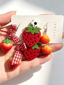 3 Styles Available, Cute Fruit Earrings, Faux Strawberry & Bow Earrings, Versatile Daily Wear - Silver - View 4