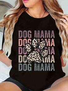 Camiseta de manga corta con cuello redondo para mujer, estampada con patas de leopardo y corazones, estilo casual. - Negro - Ver 1