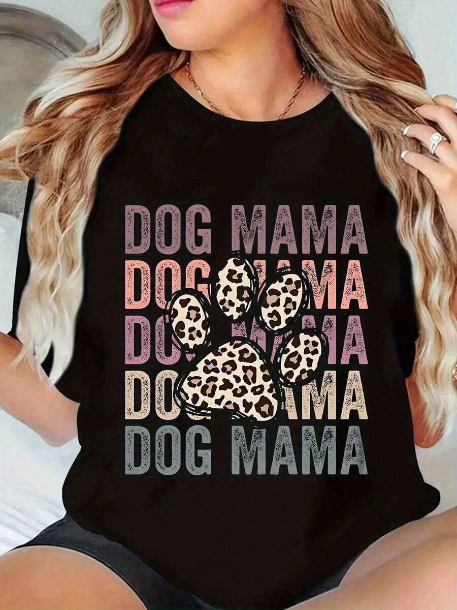 Camiseta de manga corta con cuello redondo para mujer, estampada con patas de leopardo y corazones, estilo casual. - Negro - Ver 1
