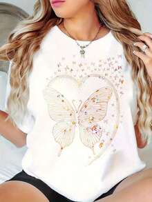 Women's Cotton T-Shirt With Round Neck And Graphic Print, Available In Black And White, Featuring A Butterfly, Heart, And Glitter Star Design. Casual Wear, Loose-Fitting Short-Sleeved T-Shirts For Spring,  Summer Basic T-Shirts, And A Great Gift For Women. - 白色 - 查看 1
