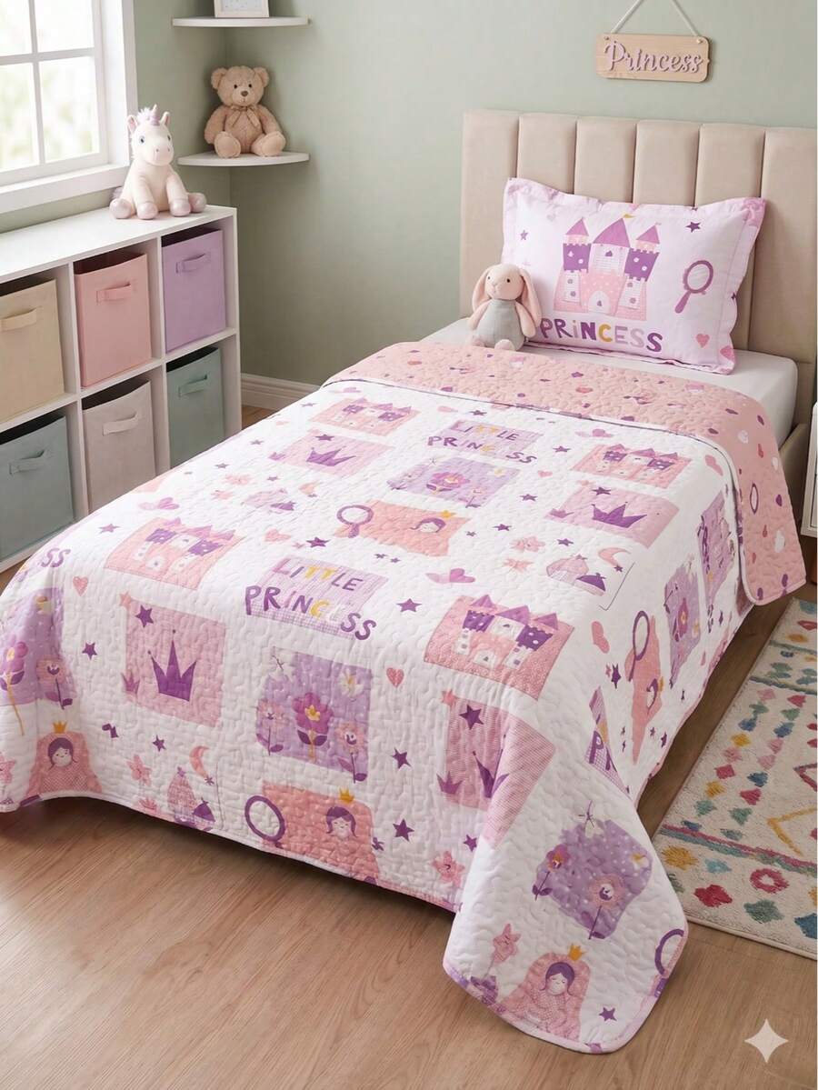 Double Print Children's Single Bedspread Set (2 Pieces) - 公主 - 查看 1