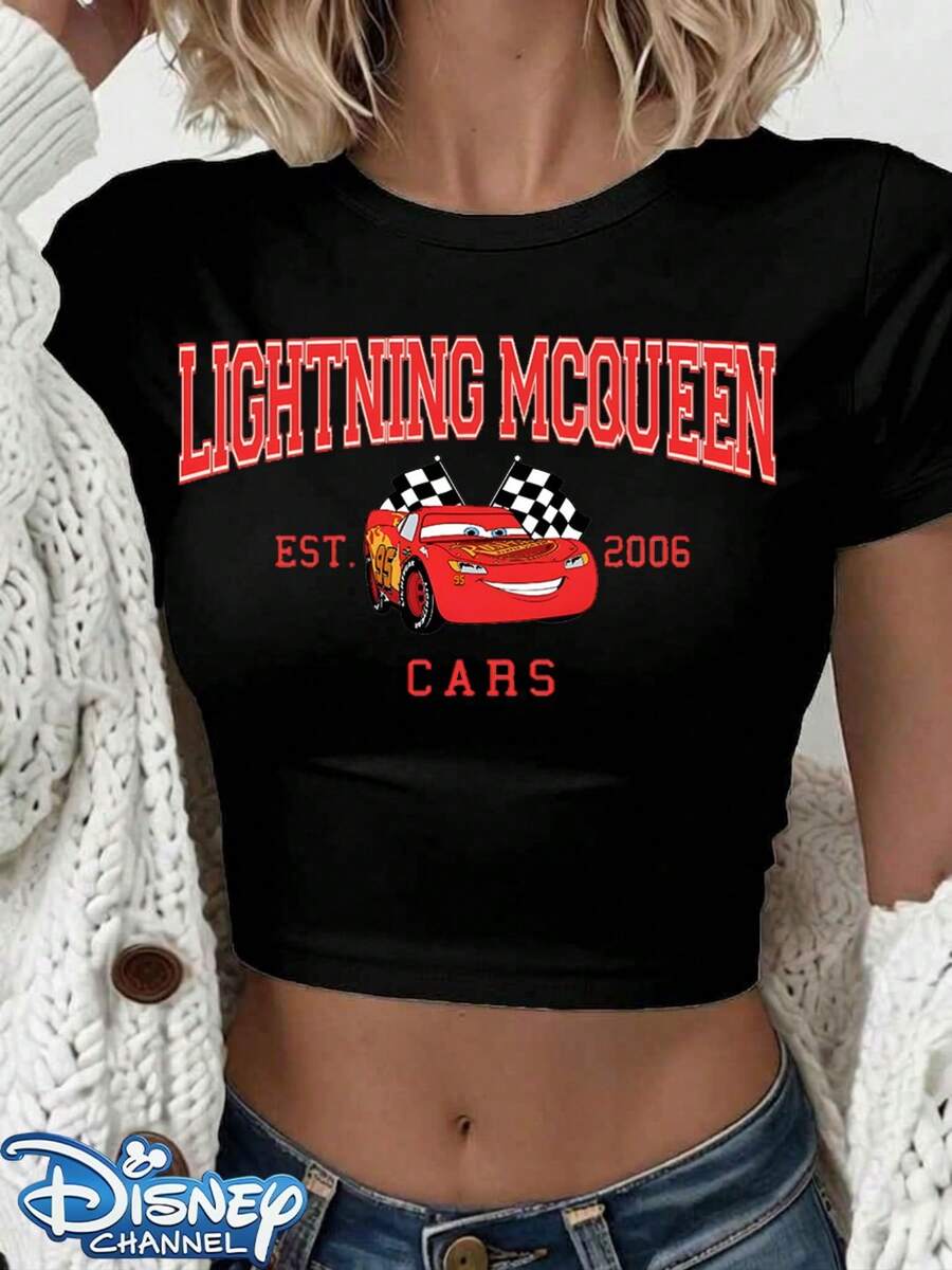 Genuine Disney New Lightning McQueen Cars Est. 2006 Print Design, Ladies' Casual Short T-Shirt With Round Neck And Slim Fit, Basic Polyester Fiber Tops In Summer Are Versatile For Everyday Wear, Comfortable And Loose, Ideal For Giving Her A Perfect Gift, Washable, Holiday Outfits For Women Festival Outfits Women Lineshirt Women White Top. - Black - View 1