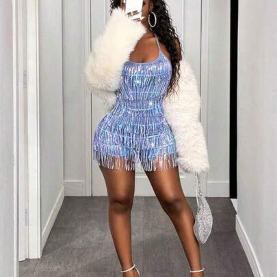 BamGlam New Autumn ,Fall And Winter Women's Fashion Sexy Spaghetti Strap Crisscross Back Tassel Decor Casual Jumpsuit,Christmas Party,New Years Eve,Birthday,Fashionable,Thanksgiving Outfif Women Going Out,Holiday - Morado - Ver 1