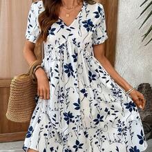 Vestido de mujer de talla grande con cuello en V y manga corta, con estampado floral, adecuado para vacaciones de verano - Azul - Ver 11