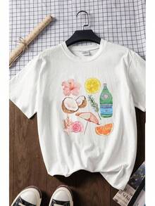 Women's White Cotton T-Shirt, Short Sleeves With A Coconut, Umbrella, And Flower Print. Soft And Lightweight Fabric, Casual Style Ideal For Summer, Beach, Vacations, And Outdoor Activities. Minimalist Resort Design, Super Comfortable And Versatile For Travel And Everyday Wear. MBWZ - 白色 - 查看 1