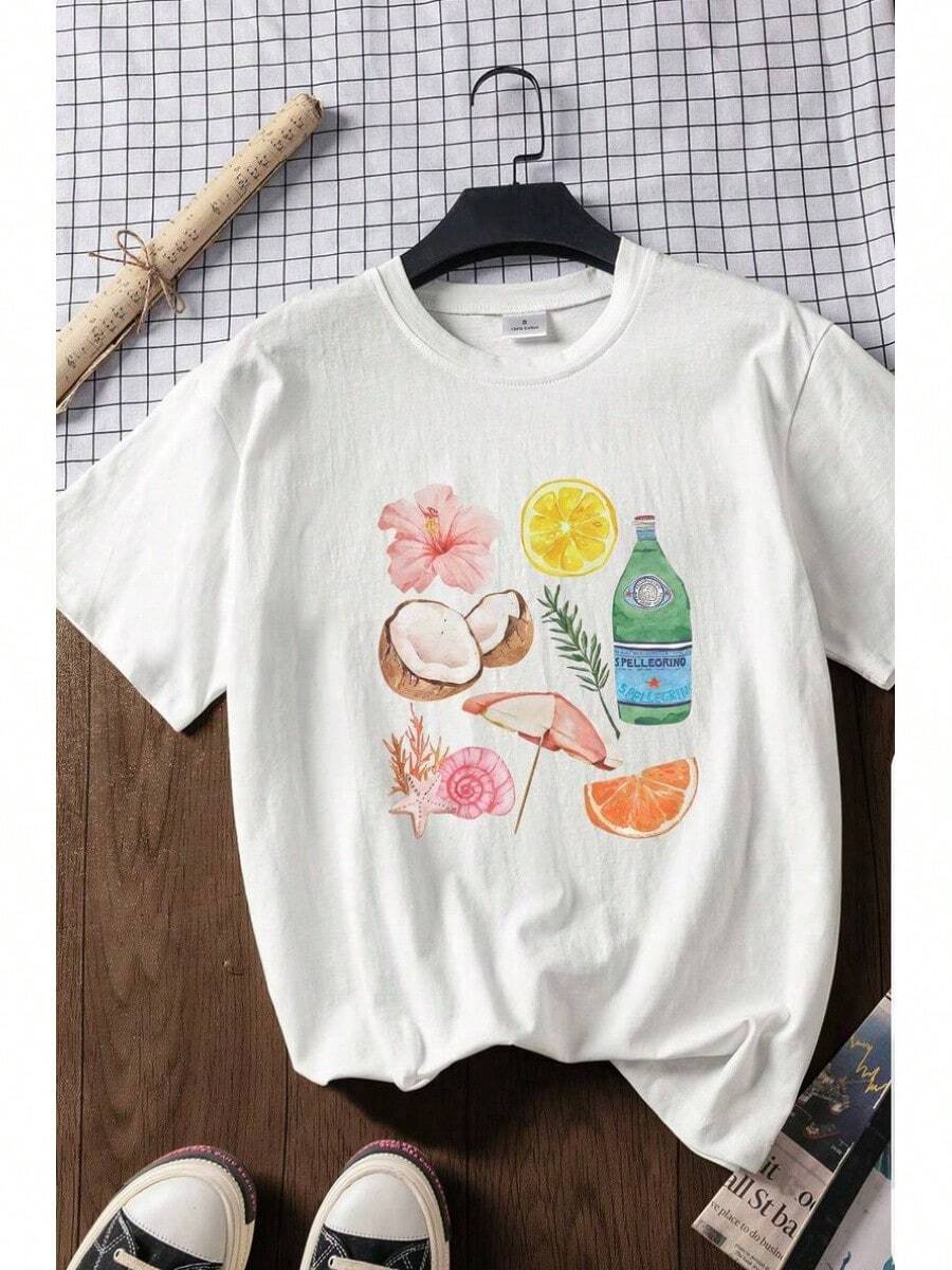 Women's White Cotton T-Shirt, Short Sleeves With A Coconut, Umbrella, And Flower Print. Soft And Lightweight Fabric, Casual Style Ideal For Summer, Beach, Vacations, And Outdoor Activities. Minimalist Resort Design, Super Comfortable And Versatile For Travel And Everyday Wear. MBWZ - 白色 - 查看 1