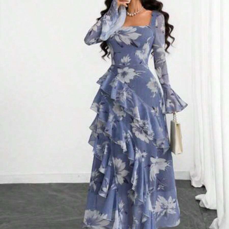 Women's Elegant Sexy Modern Luxurious Long Sleeve Y2K Romantic Ruffle Double Layer Printed Dress Vacation - Multicolor - Ver 1