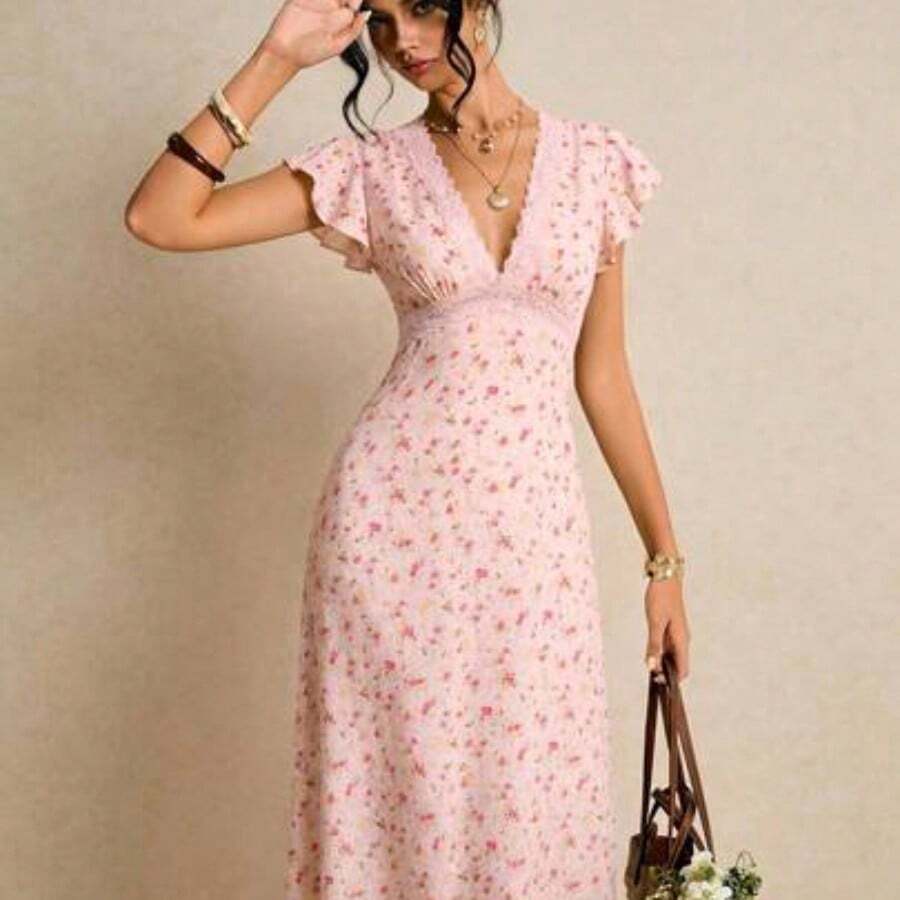 Women's Floral Print V-Neck Elegant Waist Cinched Party & Casual Dress - Rosa - Ver 1