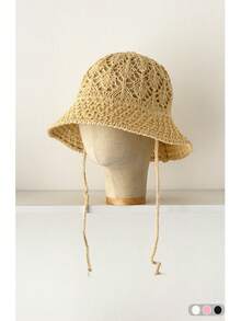 E Summer Breathable Solid Color Straw Bucket Hat, Women's New Lightweight Breathable Sun Protection Hat, Vacation Ins Style Hollow Straw Hat, Large Size Suitable For Big Head, Handwoven Wide Brim Bucket Hat, Vacation Beach Sun Hat, Holiday, Travel - Leaf-shaped Hanging Rope - View 15