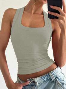 Camiseta sin mangas cuadrada Floreya para mujer, top casual de verano de ajuste ceñido sin mangas para capas, sencillo pero elegante, estilo deportivo, versátil para todas las estaciones en color blanco - Gris Claro - Ver 2