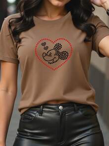 Casual Crew Neck T-Shirt With Heart-Shaped Mouse Print - Women's Y2K Style Short Sleeve T-Shirt, Comfortable For All Seasons, Machine Washable, Fashionable Outfit Made Of High-Quality Fabric [1]-Unisex Cotton Loose Fit Short Sleeve Crew Neck Urban Vintage Style T-Shirt - 黑色 - 查看 11