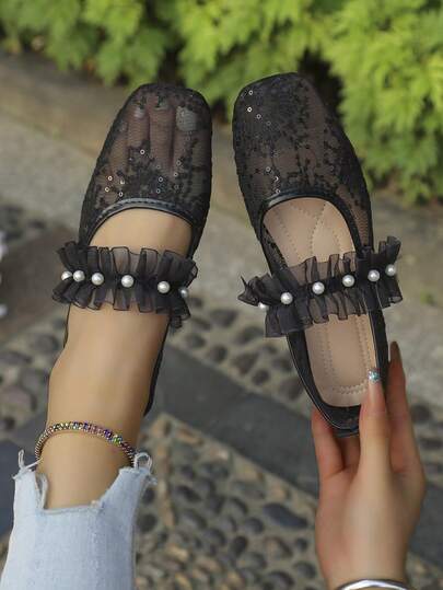 1 Pair Lace Mesh Pearl Bow Mary Jane Flat Shoes, Women's Summer Breathable Soft Sole Ballet Shoes For Casual Outdoor Wear
