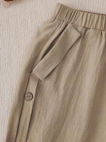 Pantalones rectos casuales y cotidianos de mujer con botones laterales de unicolor - Caqui - Ver 6