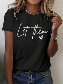 Camiseta de manga corta con cuello redondo y estampado de letras - Negro - Ver 5