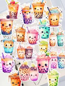 18pcs/Set New Cute Cartoon Watercolor Milk Tea & Breakfast Food Flat Stickers, Multipurpose Decorative Stickers, Suitable For Scrapbooking, Phone Case & Cup DIY Decoration, Self-Adhesive, Matte Paper, Disposable School Supplies - Grid - View 2