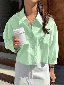 Camisa de manga larga holgada con botones delanteros y bolsillo en unicolor para mujer - verde menta - Ver 5
