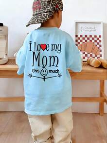 Young Boy-"MY Love Mom" Letter Print T-Shirt, Comfortable Fabric, Suitable For Outdoor, Daily, Campus Wear, Spring/Summer Versatile Top - Baby Blue - View 3