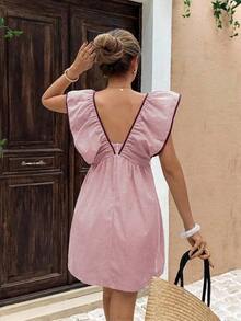 2026 Vestido corto informal de mujer con cuello en V, con ribete de contraste y estampado de rayas - Burdeos - Ver 2