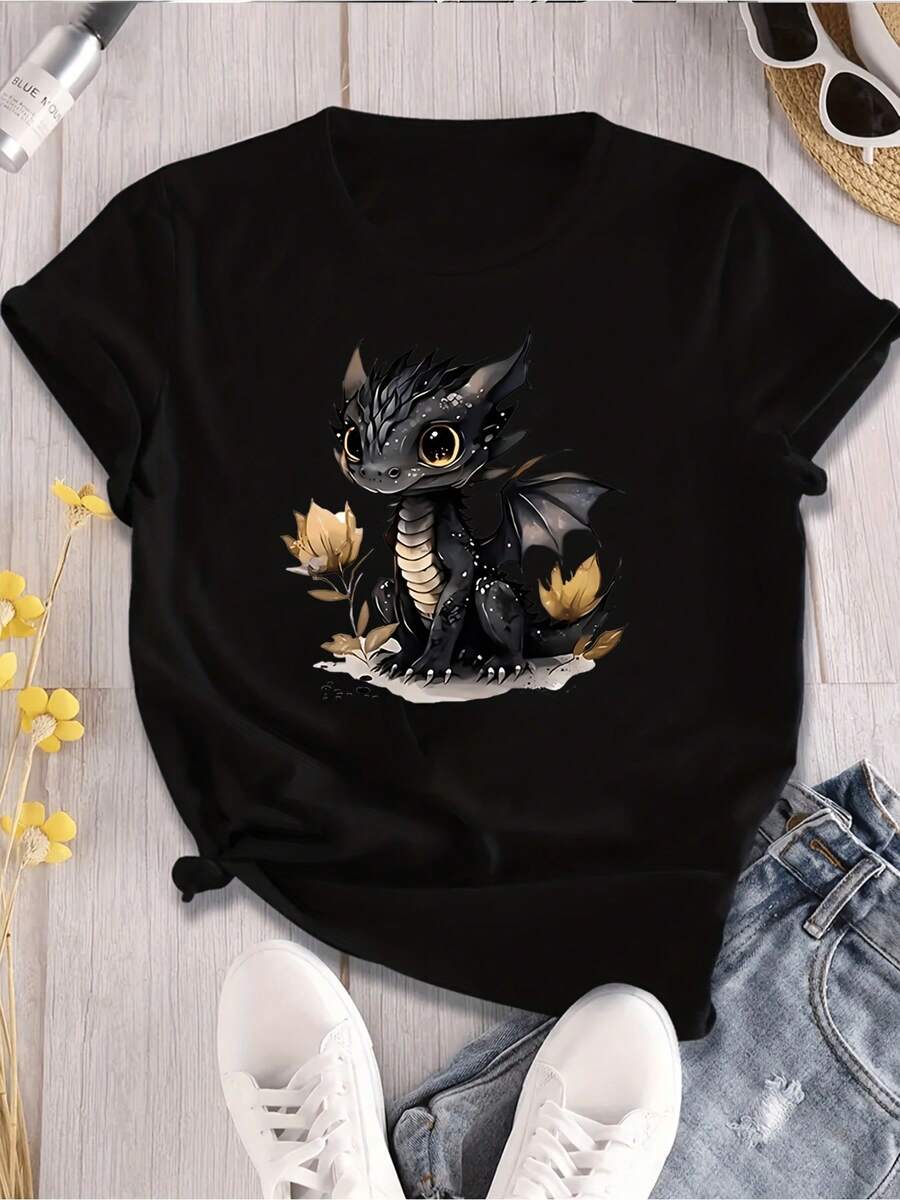Adorable Unisex Dragon Print T-Shirt, Designed With A Crew Neck And Short Sleeves. This Casual T-Shirt Features A Cartoon Golden Dragon With Floral Elements, Perfect For All Seasons, Offering Comfort For Both Men And Women. | Exquisite Design | Loose And Comfortable | Easy To Match | - 黑色 - 查看 1